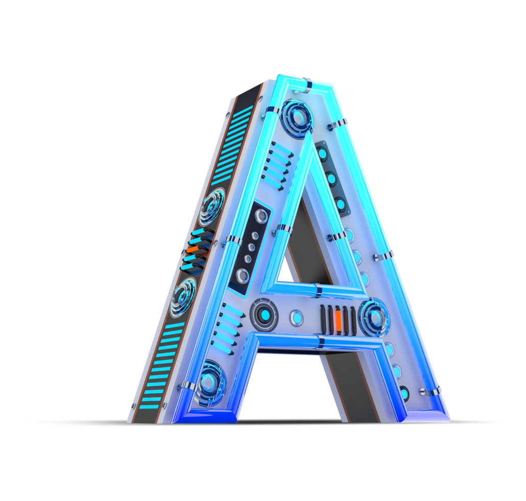 3D alphabet with blue neon and neon light effect. png