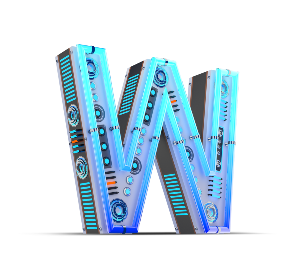 3D alphabet with blue neon and neon light effect. png