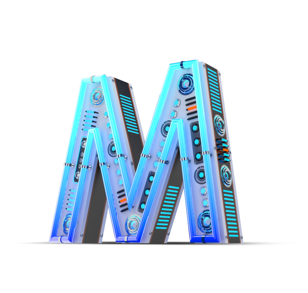 3D alphabet with blue neon and neon light effect. png