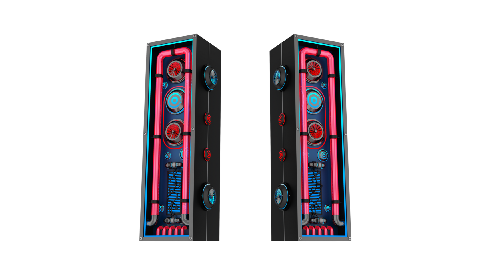 Black alphabet with Red and blue Neon light and has a cooling system. png