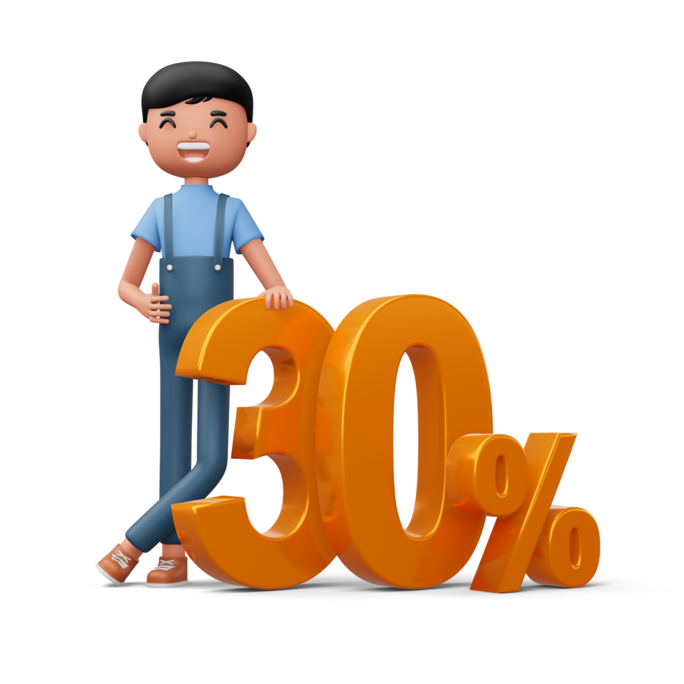 Happy man with golden number thirty percent, 3d rendering png