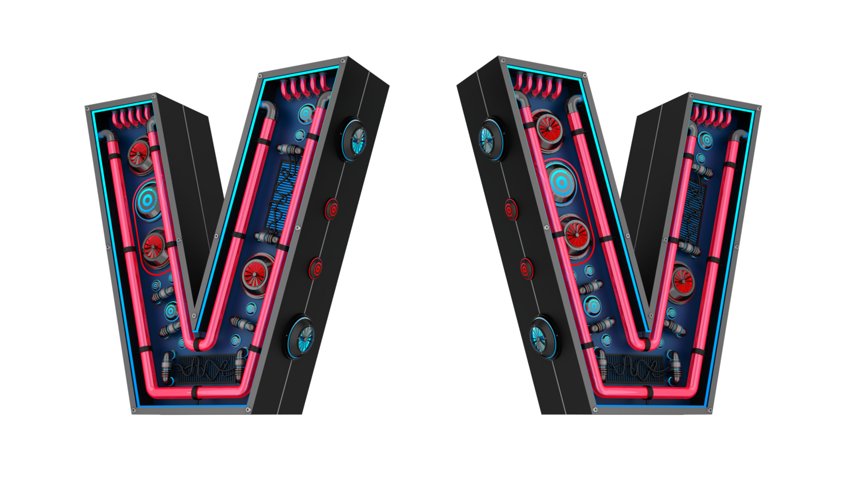 Black alphabet with Red and blue Neon light and has a cooling system. png