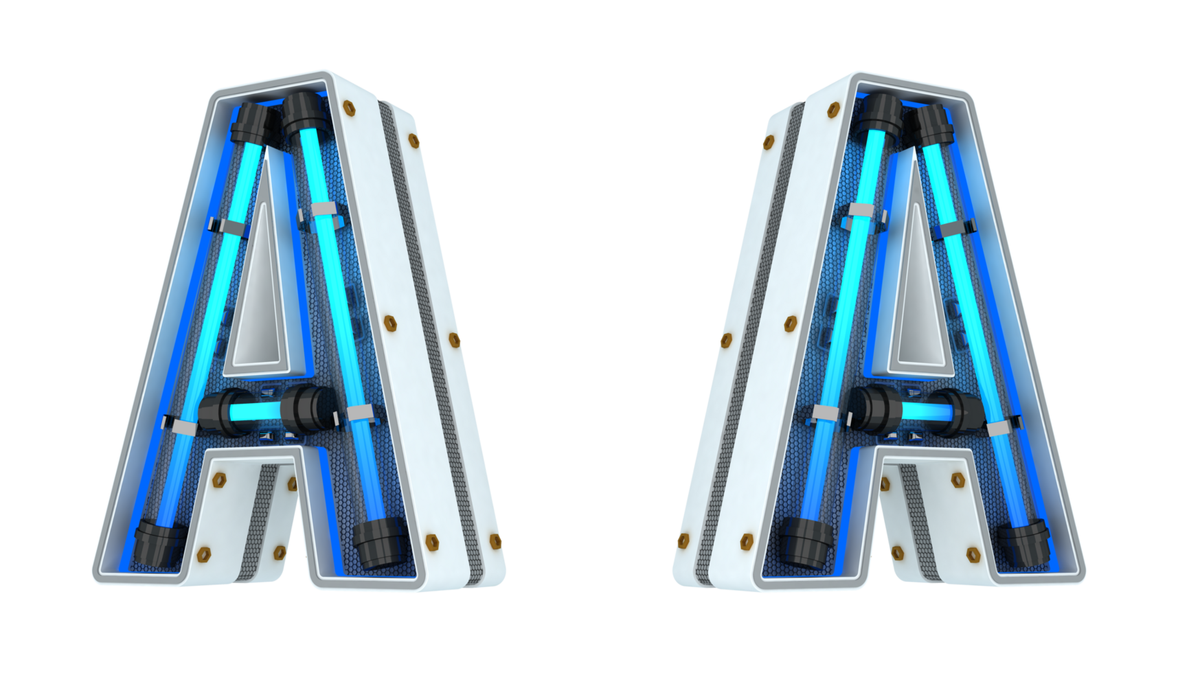 White alphabet with blue neon light 3d rendering png