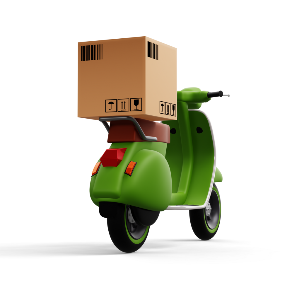 motorfiets met pakket doos, levering koerier onderhoud, 3d renderen png