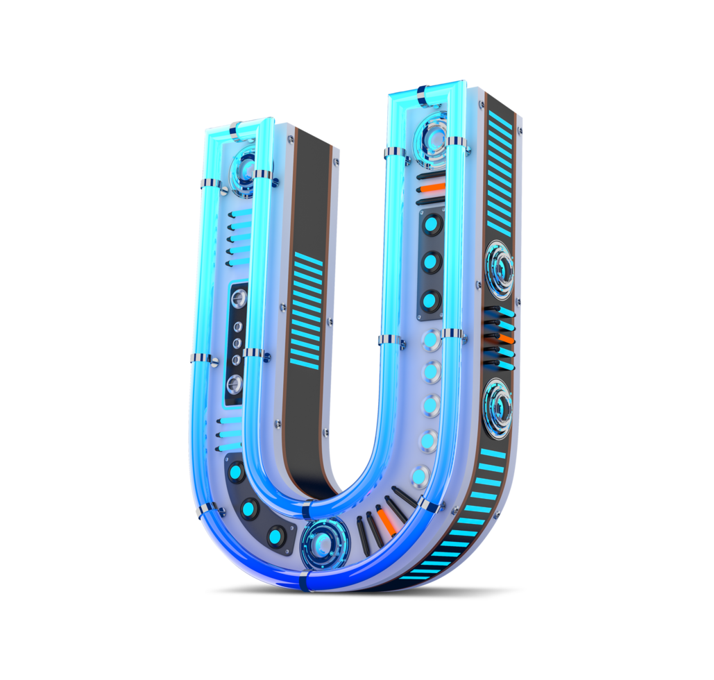 3D alphabet with blue neon and neon light effect. png