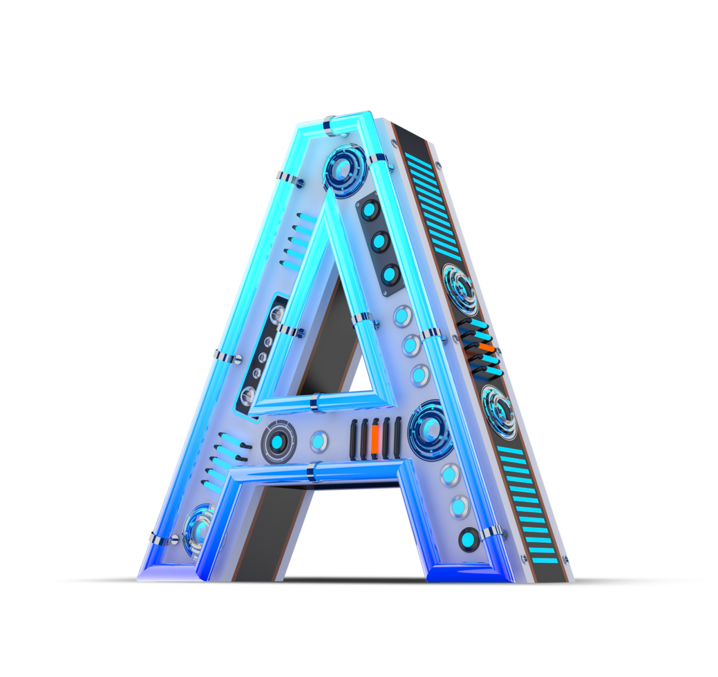 3D alphabet with blue neon and neon light effect. png