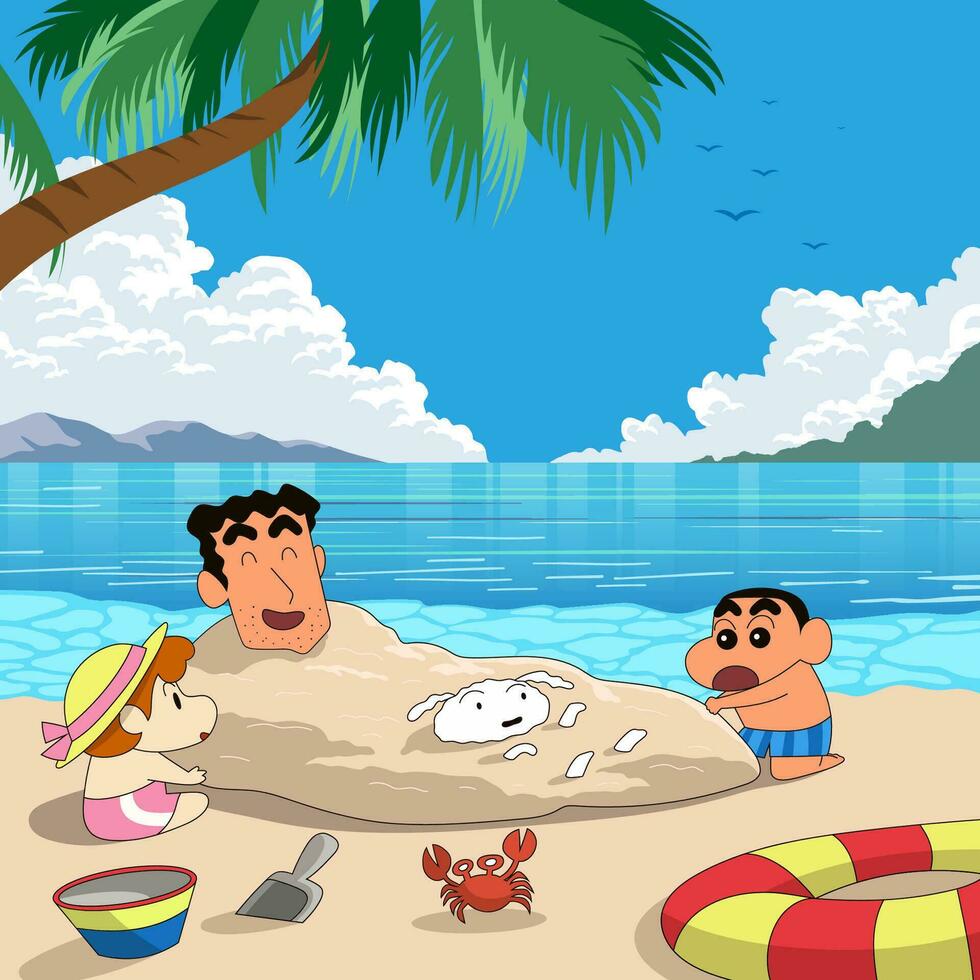 Japanese Cartoon Family Playing at the Beach vector