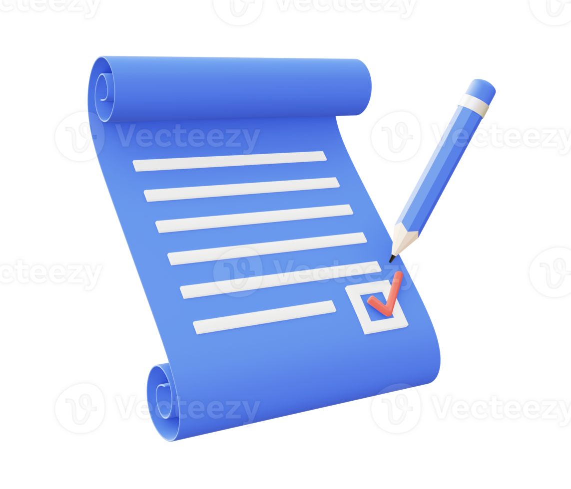 3d illustration icon of blue pencil Checklist letter note png