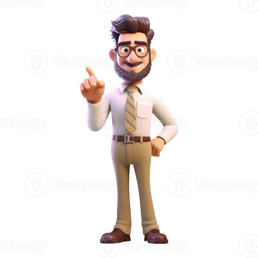 Young adult male teacher in glasses explaining with a pointing gesture. Educational concepts, interactive teaching, and engaging explanations, Young adult teacher 3D render, generative ai. Pro PNG