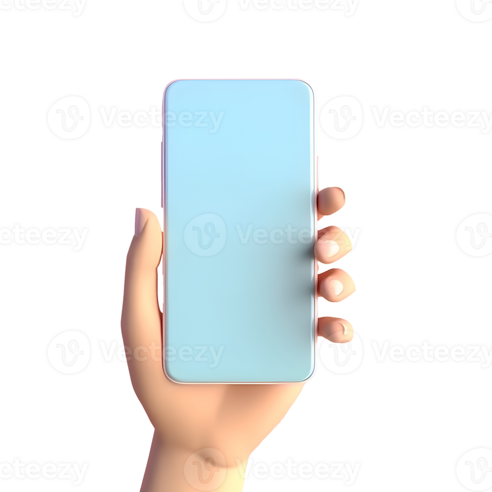 Person halten Handy, Mobiltelefon Telefon im Hand transparent ausgeschnitten, Hand halten das Smartphone mit leer Bildschirm Attrappe, Lehrmodell, Simulation, Smartphone Anzeige Attrappe, Lehrmodell, Simulation im Hand transparent isoliert, generativ ai png