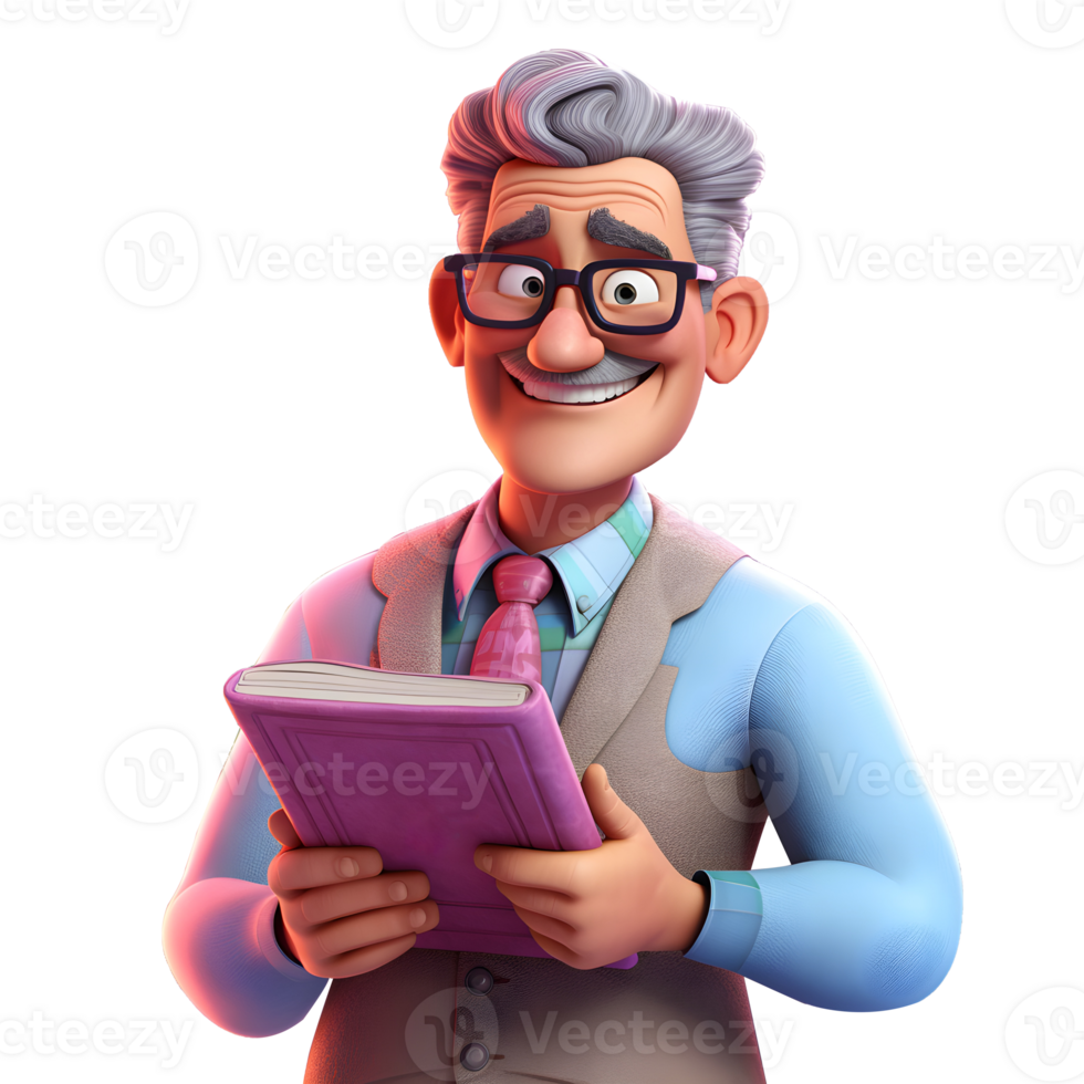 3d Old Professor in glasses standing holding book, generative ai, 3d render of an old Professor, Teacher or Educator, Aged teacher smiling, 3d Teacher character isolated on transparent background, png