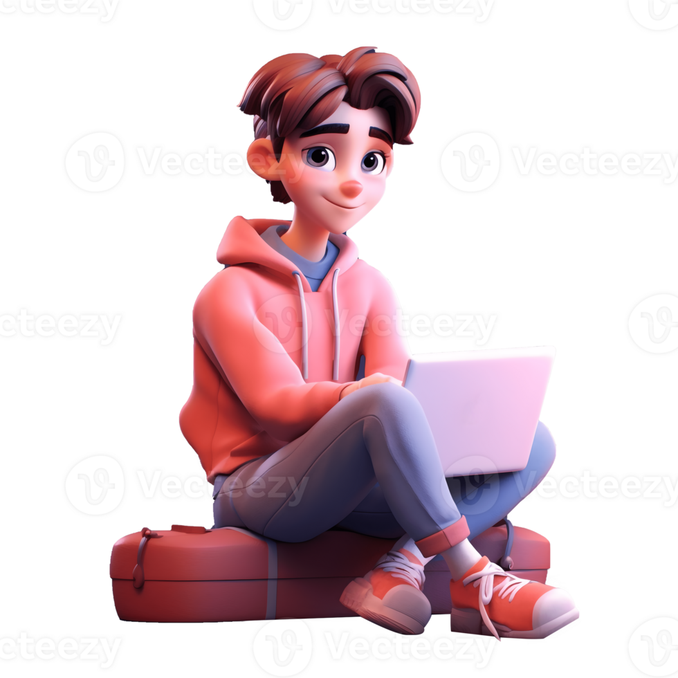 3d Cute smiling University or College Student studying with Laptop on his lap, Transparent student 3d render, 3d Student character isolated on transparent background, Student studying, png