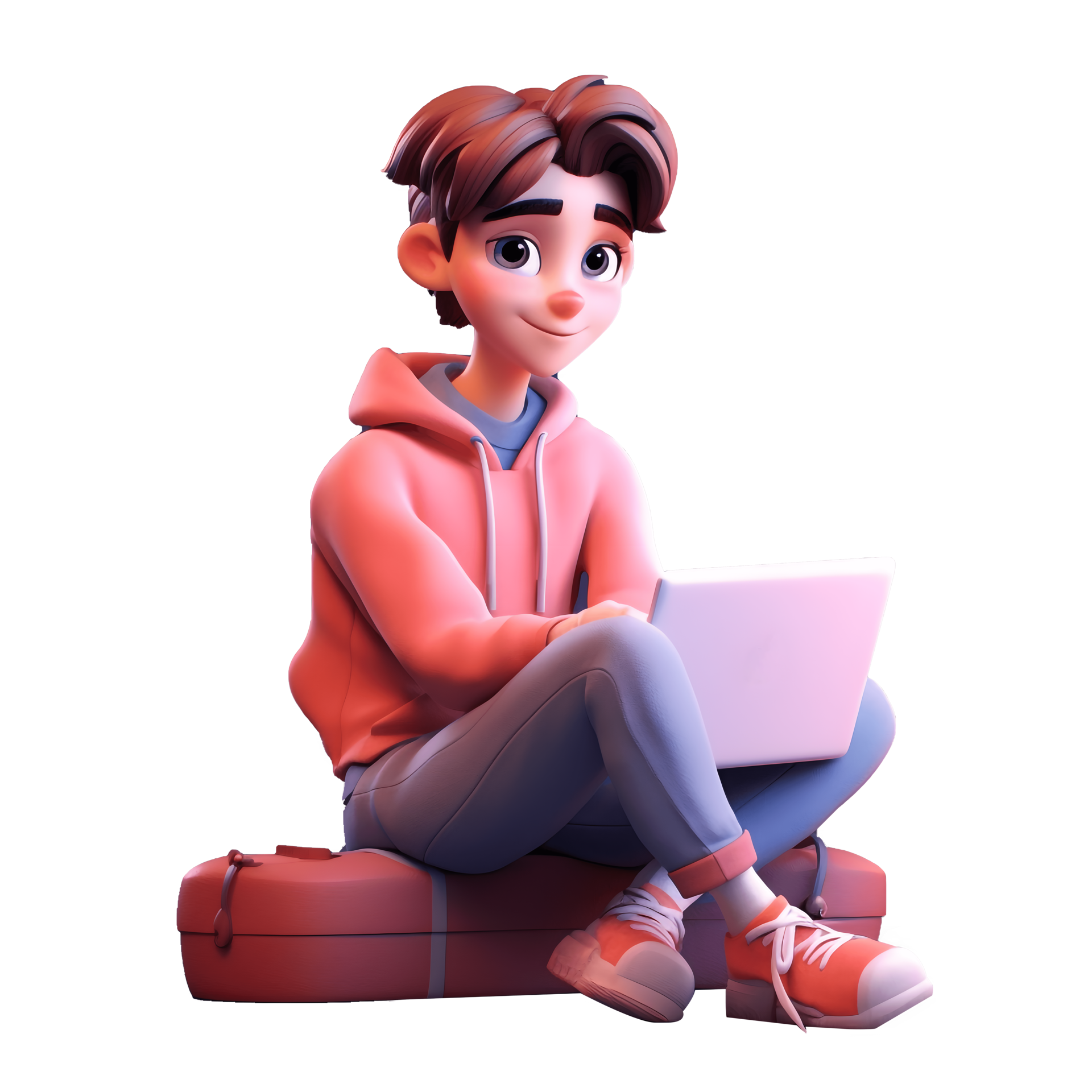 3d Cute Smiling University Or College Student Studying With Laptop On