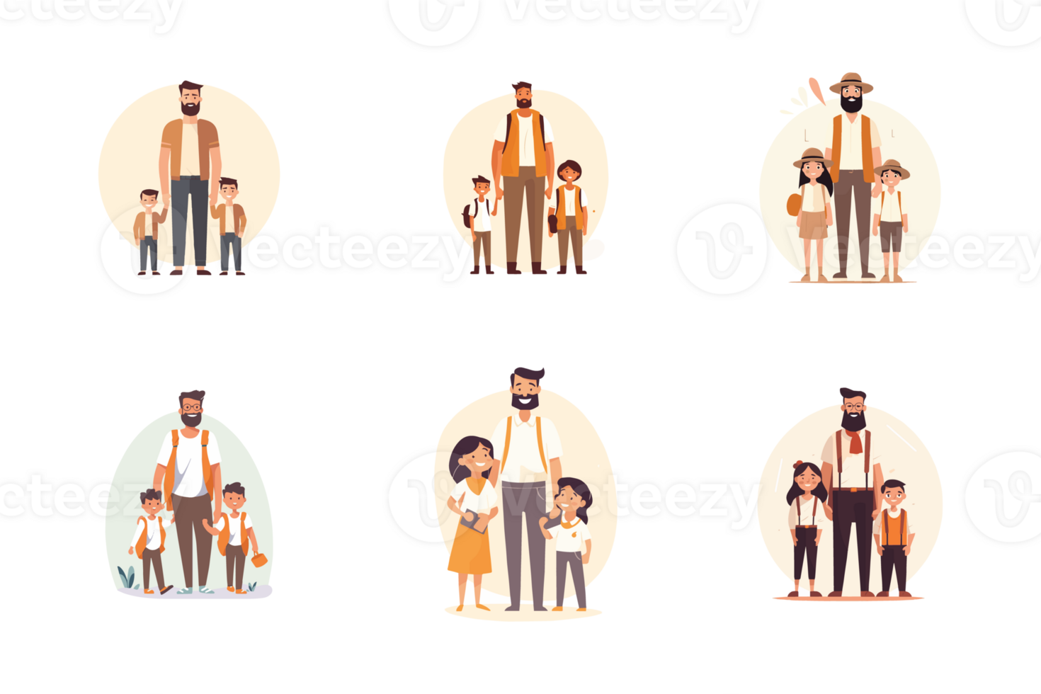 Father with kids illustration set, Father with kids isolated transparent background, Fathers day card with kids in happy mood, Kids celebrating Fathers day with Dad, Dad with daughter and son. png