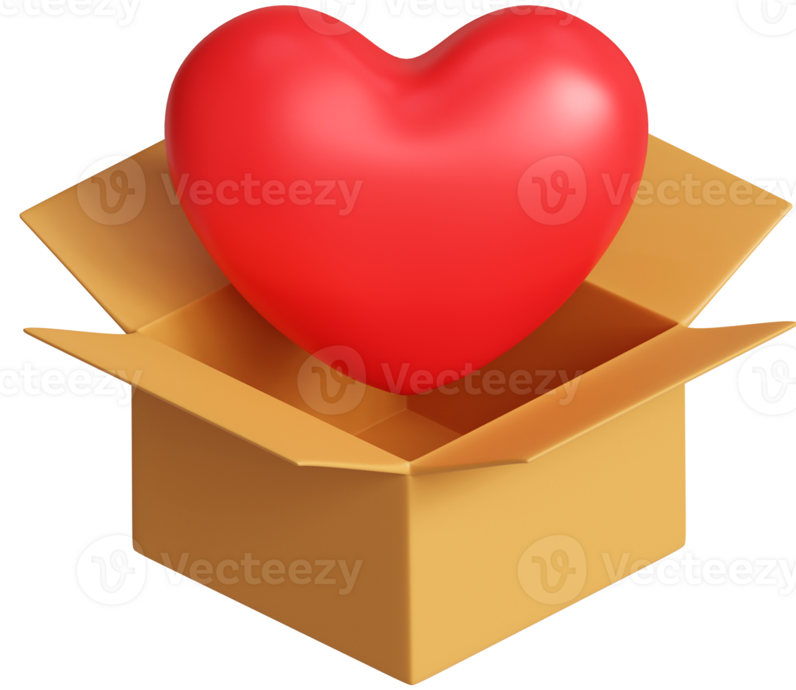 3D rendering love shaped heart popping out from carton box illustration png