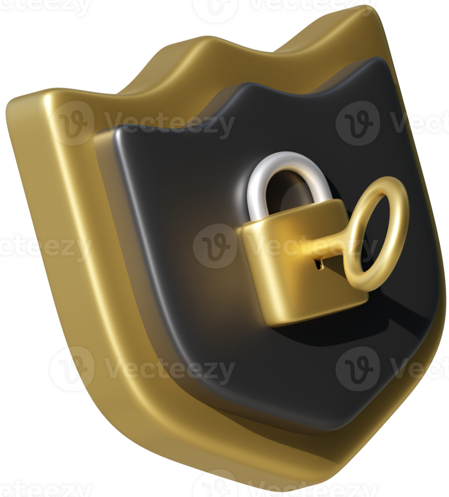 3D render shield with key inside lock hole. Secure protection security safe guard concept web icon sign illustration png