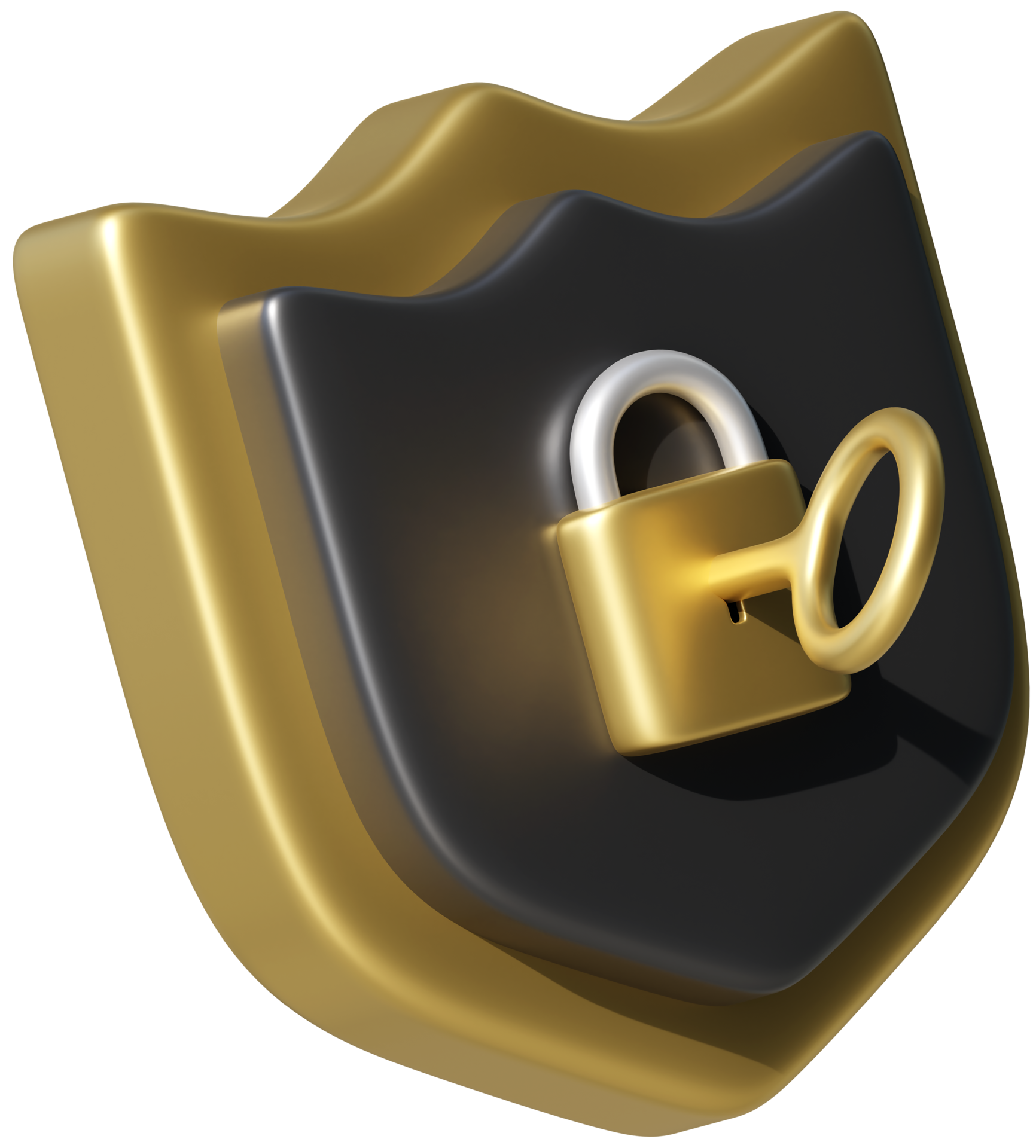 3D render shield with key inside lock hole. Secure protection security