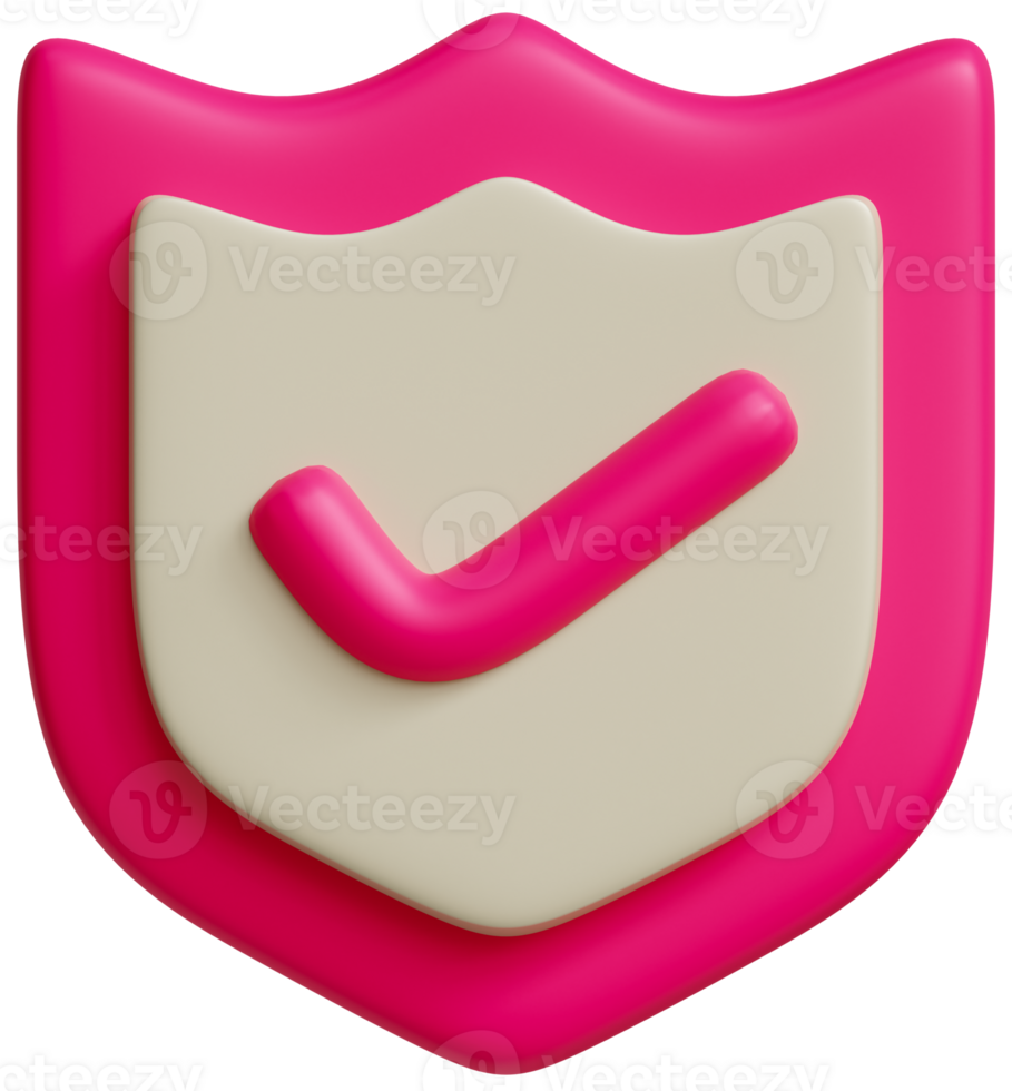 3D render secure shield tick verified approval sign icon illustration. Pink colour icon png