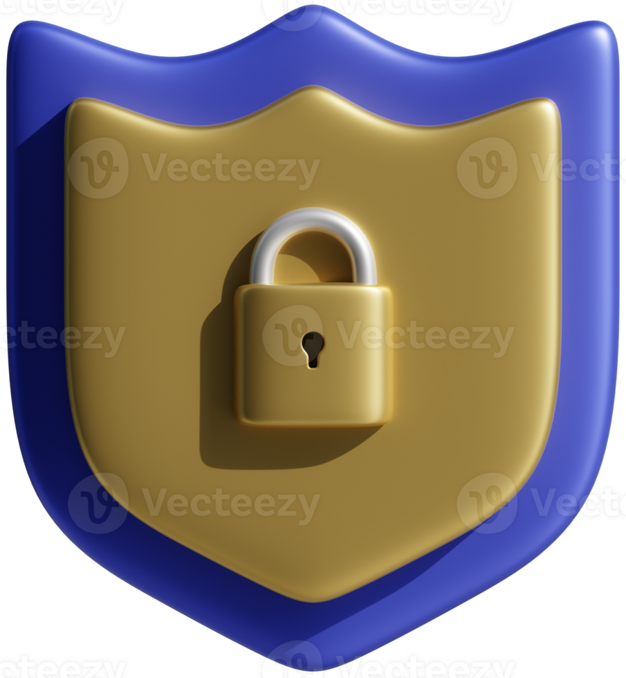 3D render shield with key lock. Secure protection security safe guard concept web icon sign illustration png