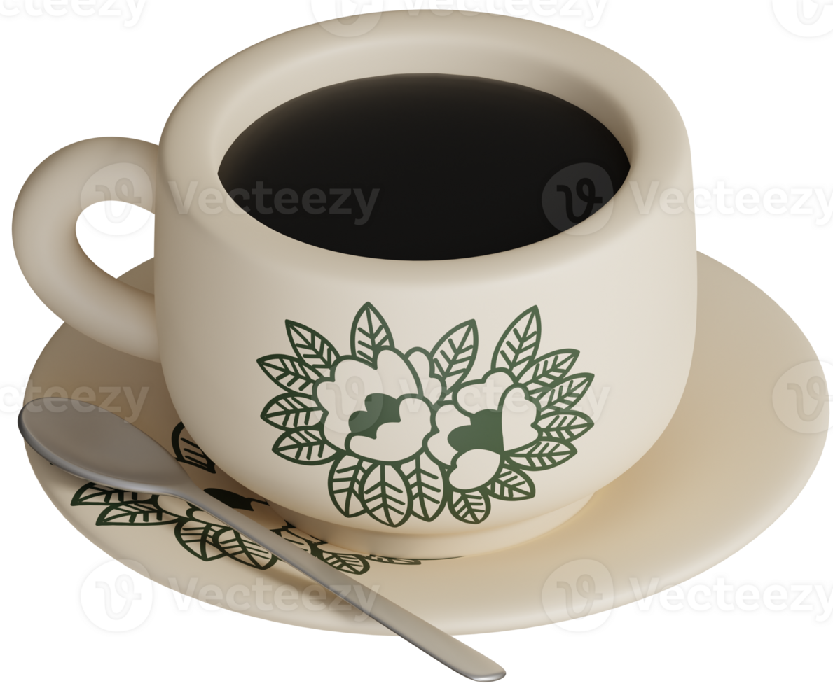 3D rendering traditional oriental style coffee in vintage floral pattern cup and plate set with tea spoon illustration icon png