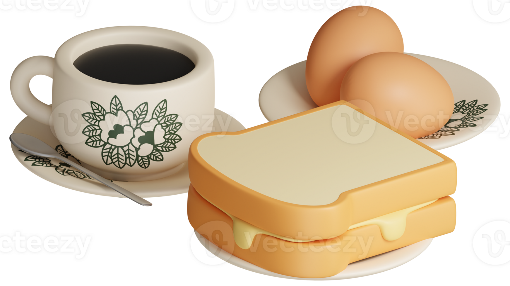 3d traditioneel oosters stijl koffie, voor de helft gekookt eieren en boter geroosterd brood ontbijt set. wijnoogst nanyang stijl koffie kop en bord 3d renderen icoon illustratie png