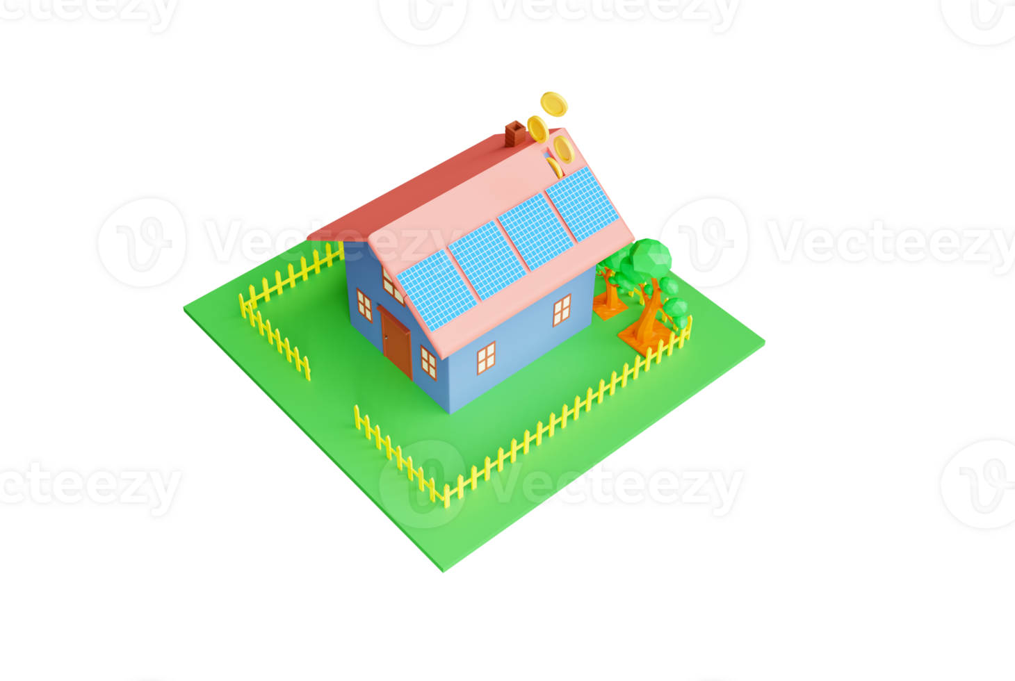 3d rendering Isometric house with solar panels on the roof concept Helping to reduce global warming and cost savings transparency png