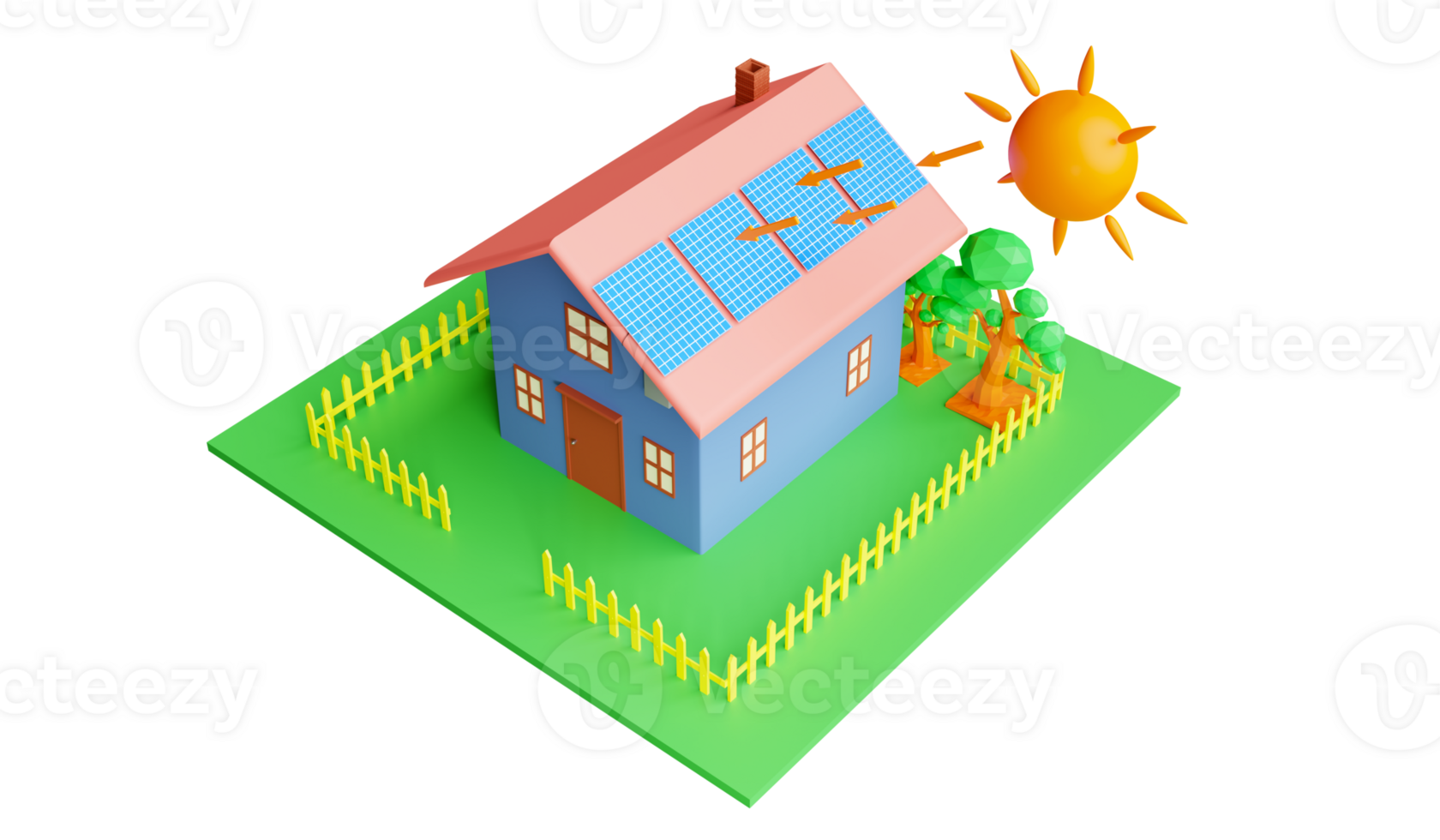 3d Rendering House with solar panels on the roof and sun illustration concept Helping to reduce global warming and cost savings transparency png