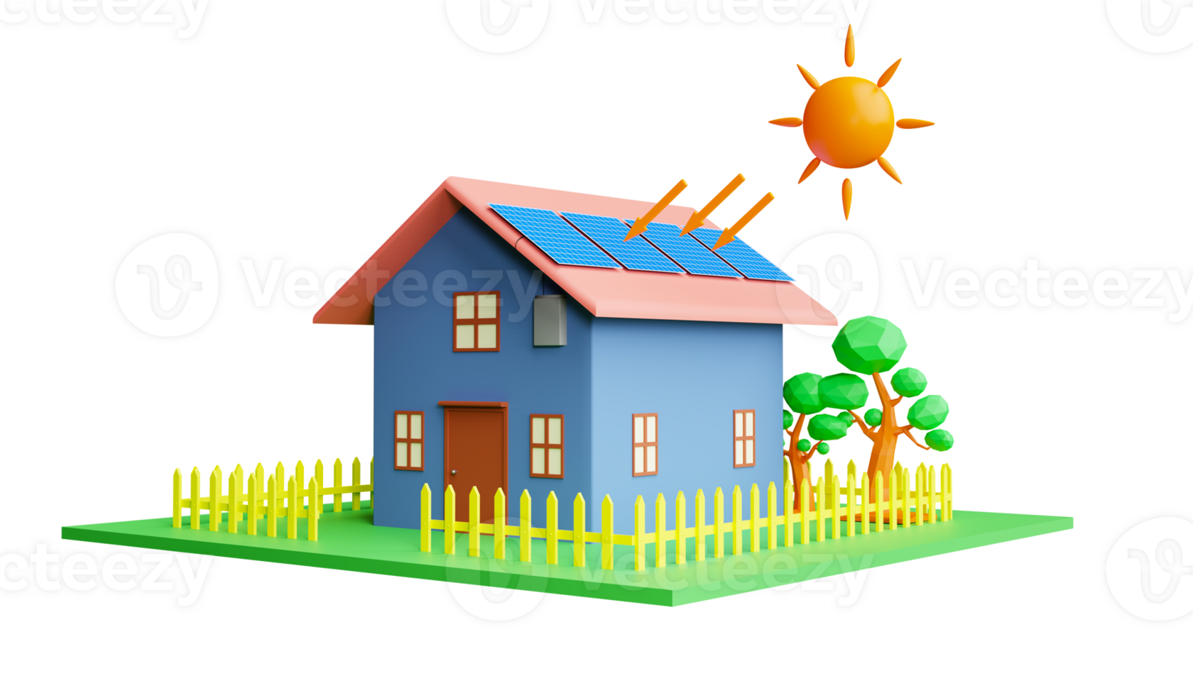 3d renderen huis met zonne- panelen Aan de dak en zon illustratie concept helpen naar verminderen globaal opwarming en kosten spaargeld transparantie png