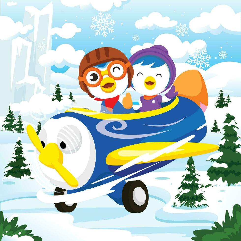 Cute Couple Little Penguins Ride an Airplane vector