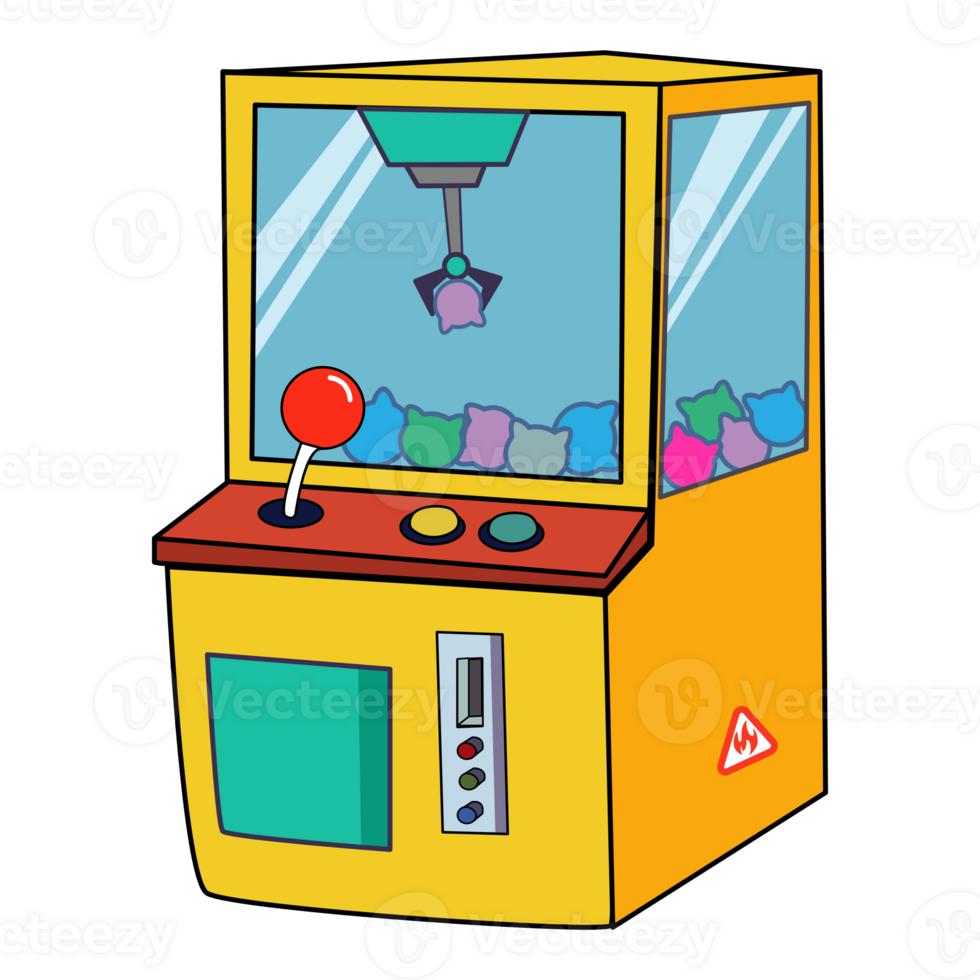 geel kraan spel pop machine.klauw machine met kleurrijk pluche speelgoed. png