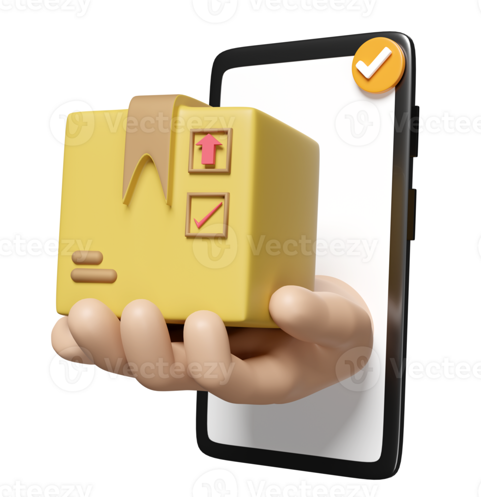 cartoon hands holding goods box with mobile phone, smartphone isolated. Online delivery or order tracking or fast package transport concept, 3d illustration or 3d render png