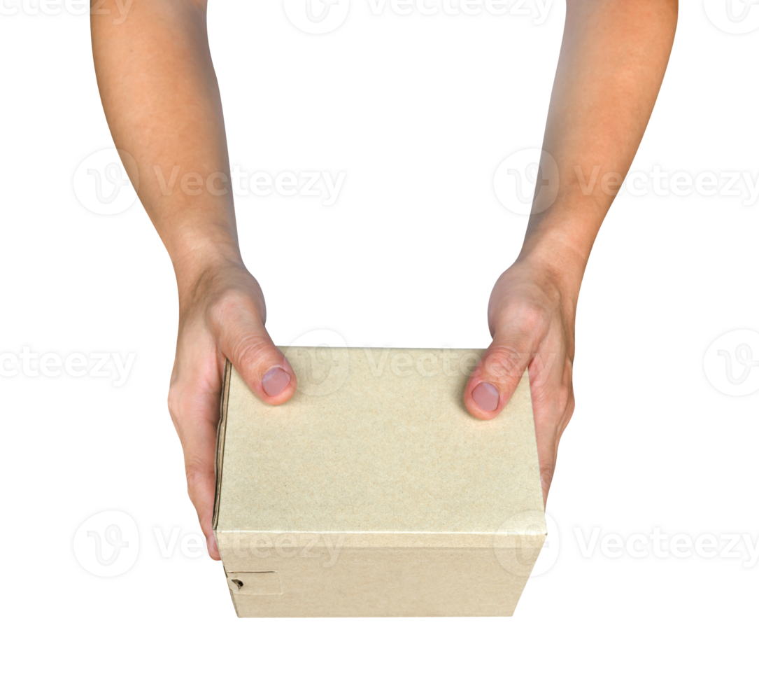 Hand holding paper box give gift isolated png
