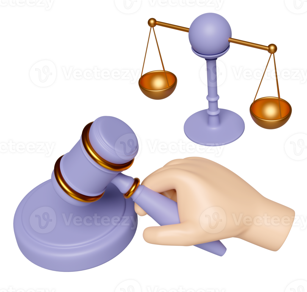 3d judge gavel, hand holding hammer auction with justice scales, stand isolated. law, justice system symbol concept, 3d render illustration png