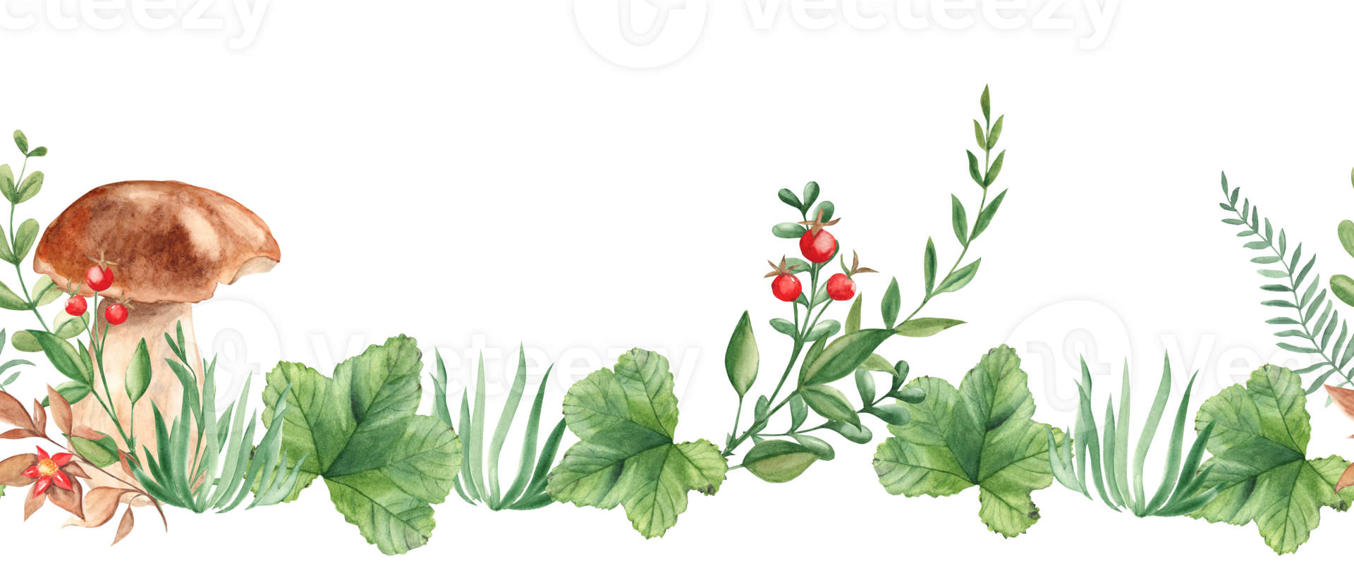 Horizontal watercolor forest seamless border pattern. Porcini mushrooms, green leaves and branches, red berries and wildflowers. Hand drawn. Can be used for fabric, packaging prints. png
