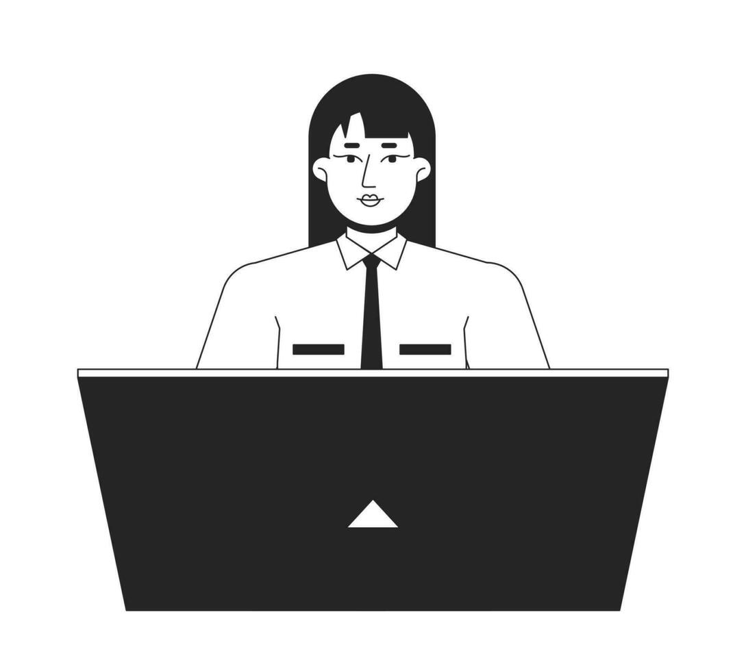 Female receptionist office worker flat line black white vector character. Editable outline half body person on white. Woman laptop work simple cartoon isolated spot illustration for web graphic design