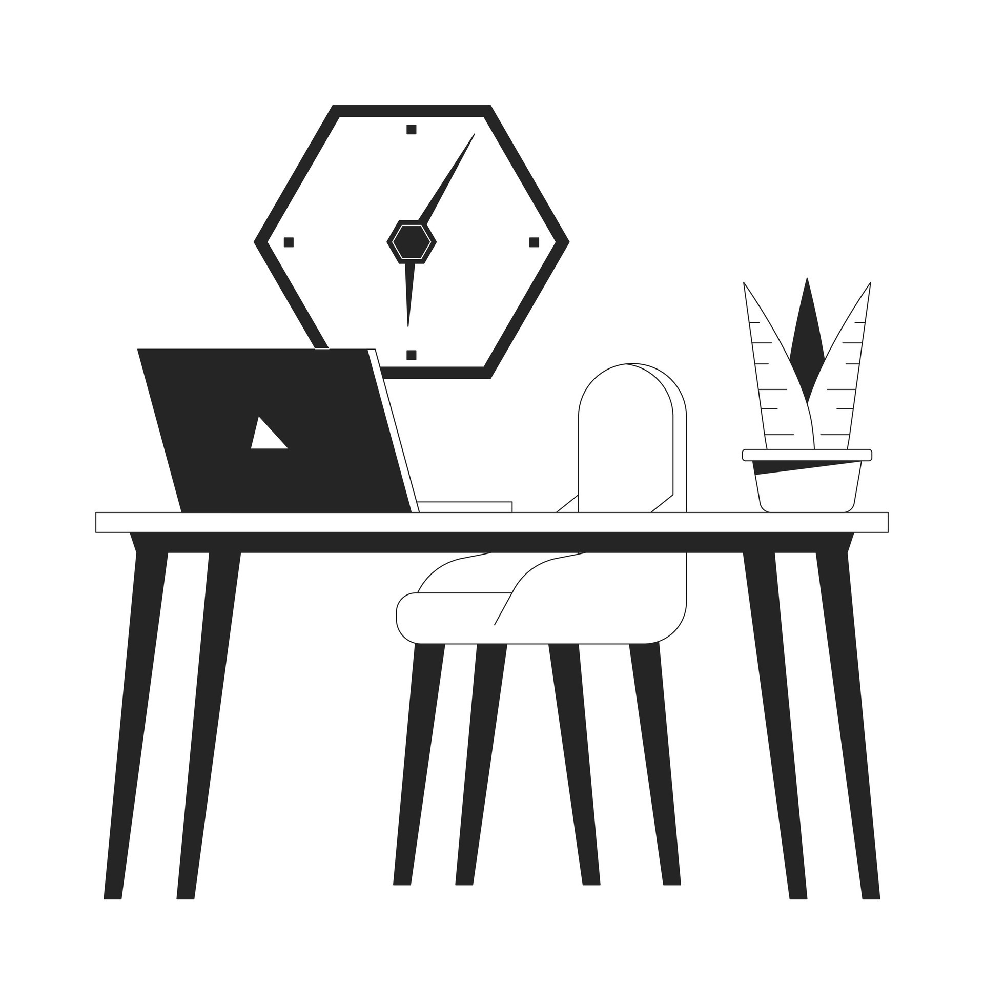 Laptop on office desk flat monochrome isolated vector object. Remote