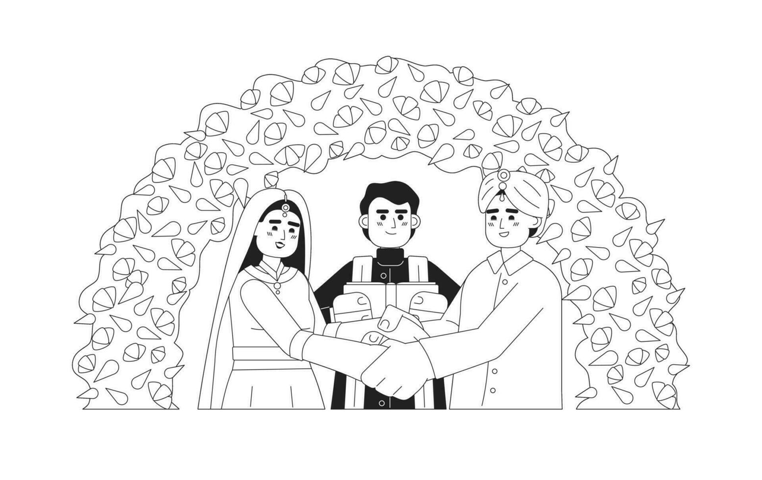 indio oración oficiando novia novio hindú Boda monocromo plano vector caracteres. ceremonial evento. editable línea medio cuerpo personas en blanco. sencillo bw dibujos animados Mancha imagen para web gráfico diseño