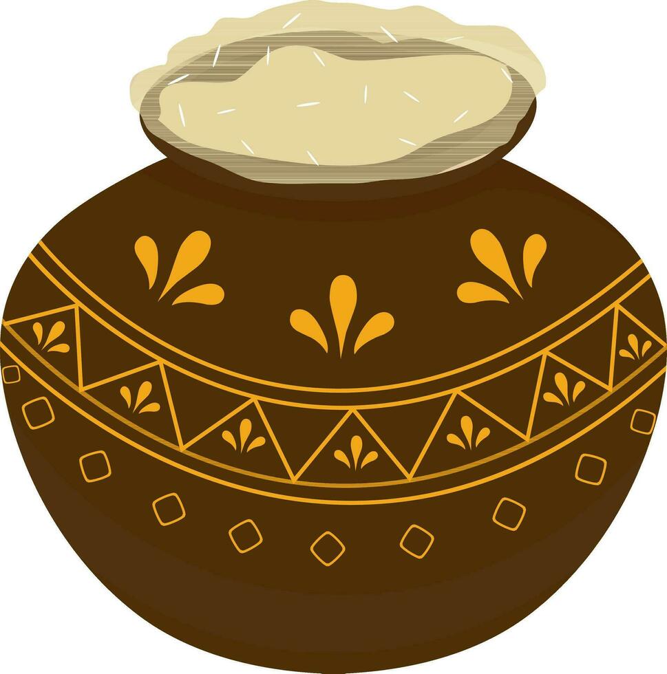 Isolated brown color mud pot decorated with yellow color design. vector