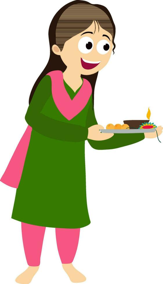 Character of a girl holding worship plate. vector