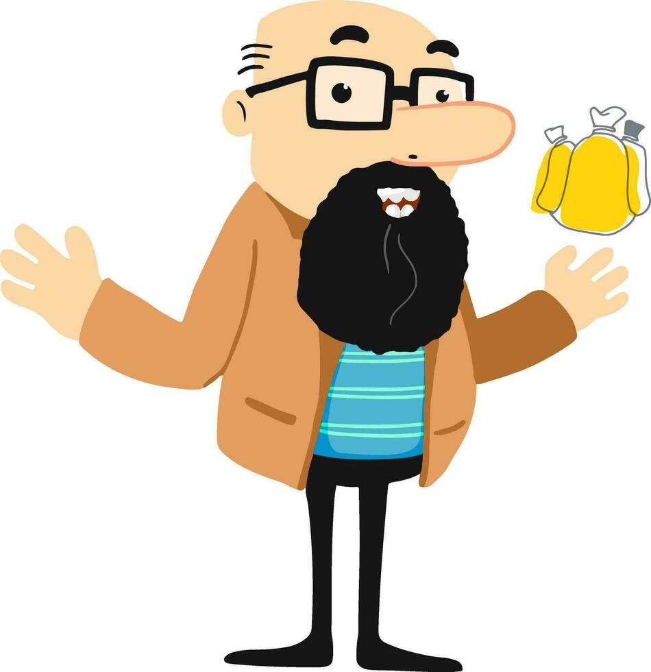 Character of a bald man with money bags. vector