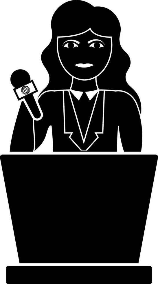 Girl holding microphone and stand on podium. vector