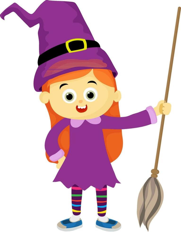 Little girl in witch hat with broomstick. vector