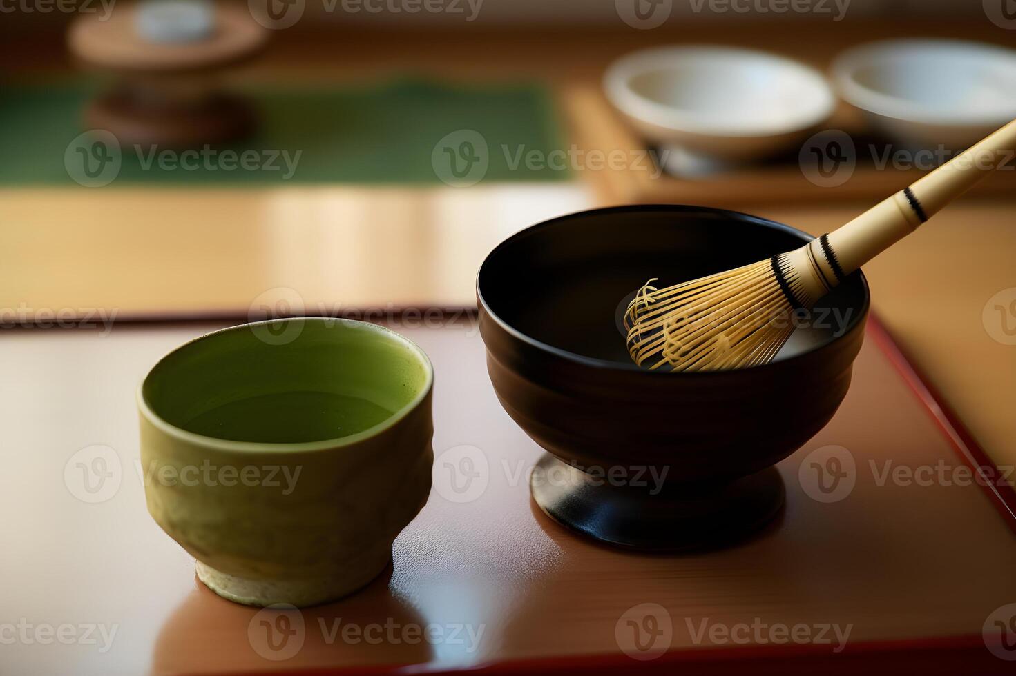 Organic Green Matcha Tea in a Bowl. Close up. . photo