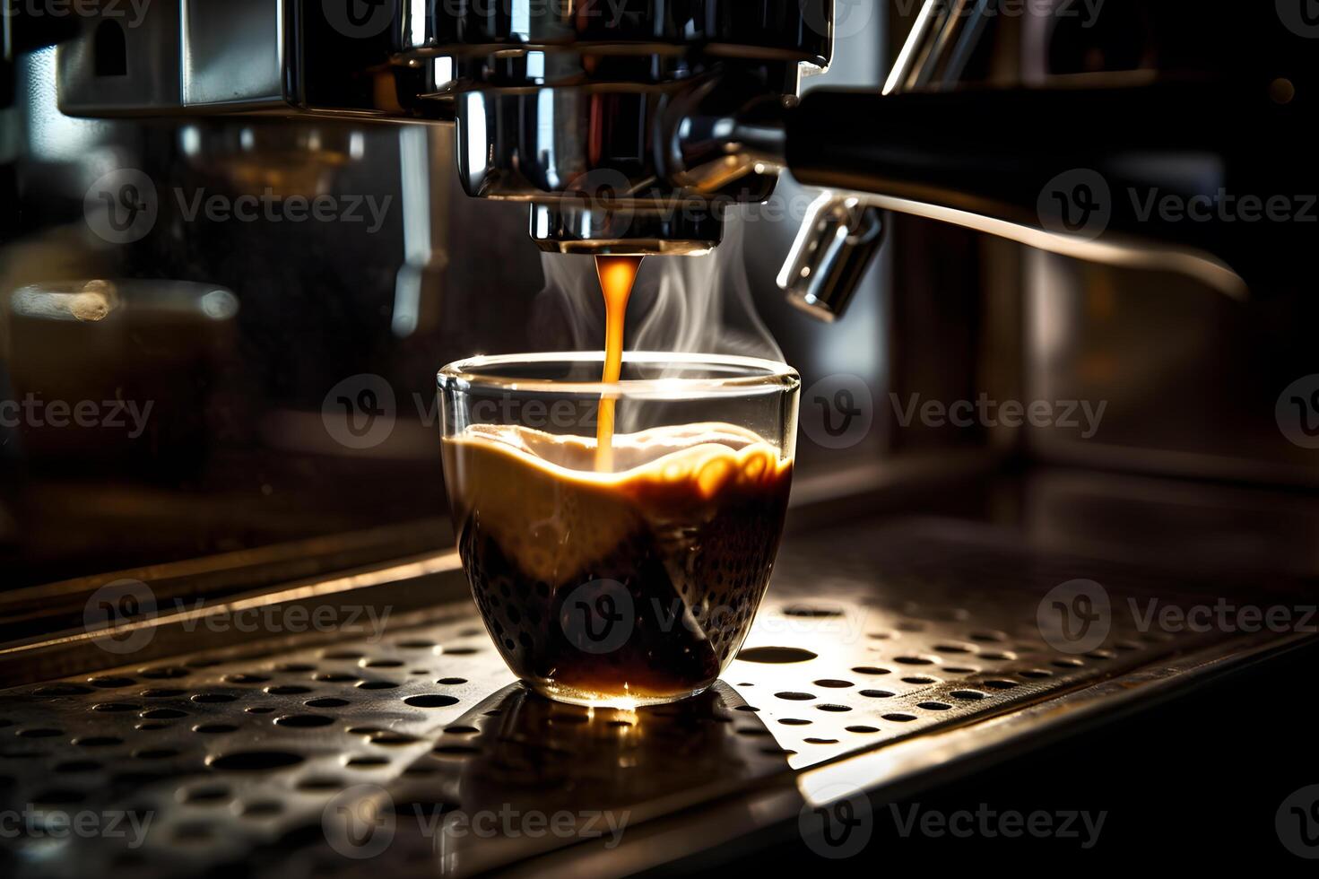 Espresso concentrated shot on a cafe background. . photo