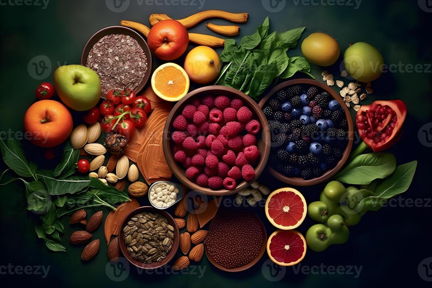 salud y relacionado con el bienestar alimento, superalimentos, orgánico alimento, vegano alimento, generativo ai. foto