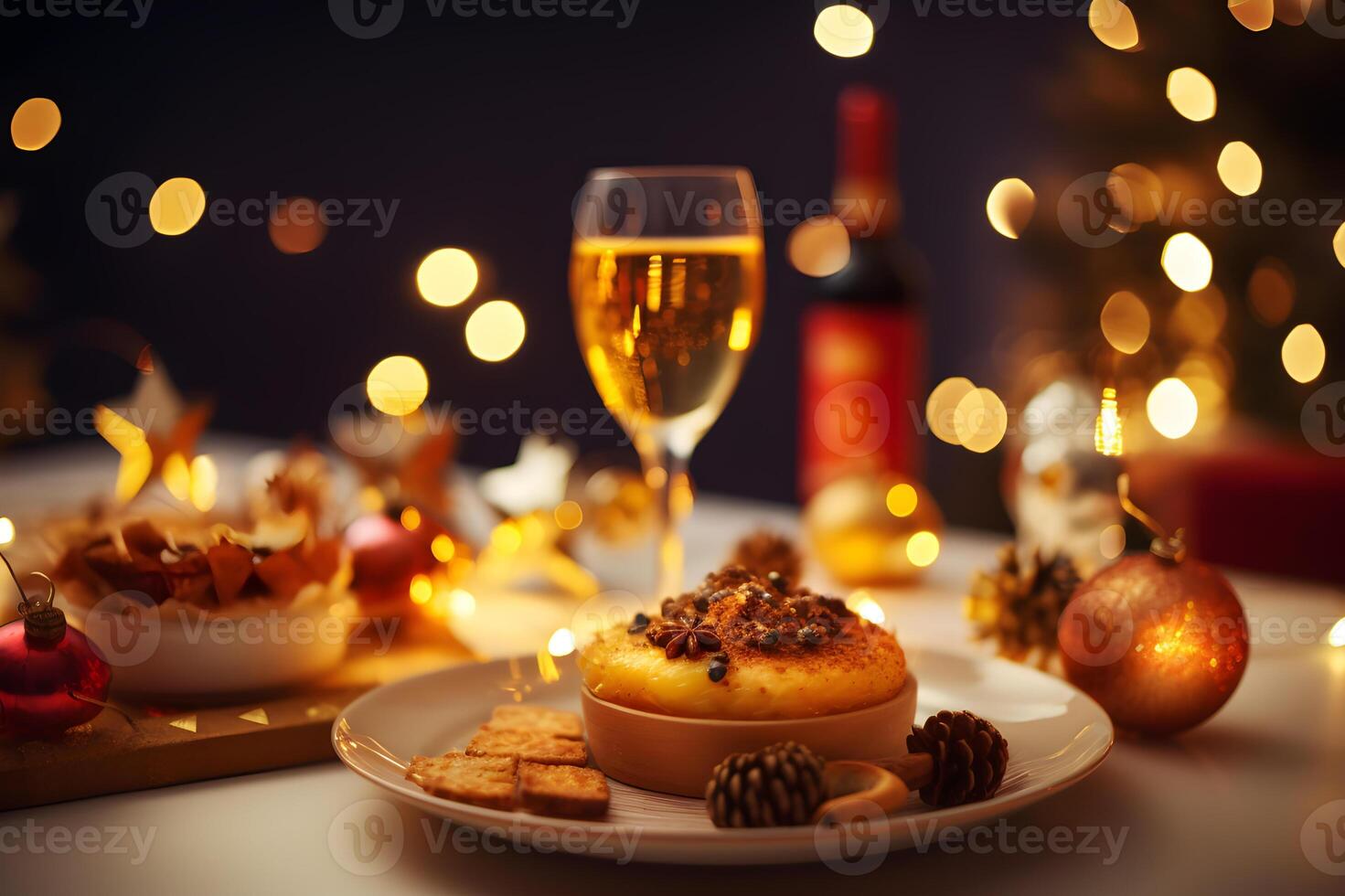 Food and drink against a festive restaurants bokeh background, . photo