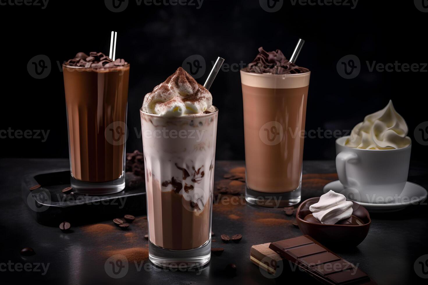 Cocoa and milk decorated with chocolate bars. . photo