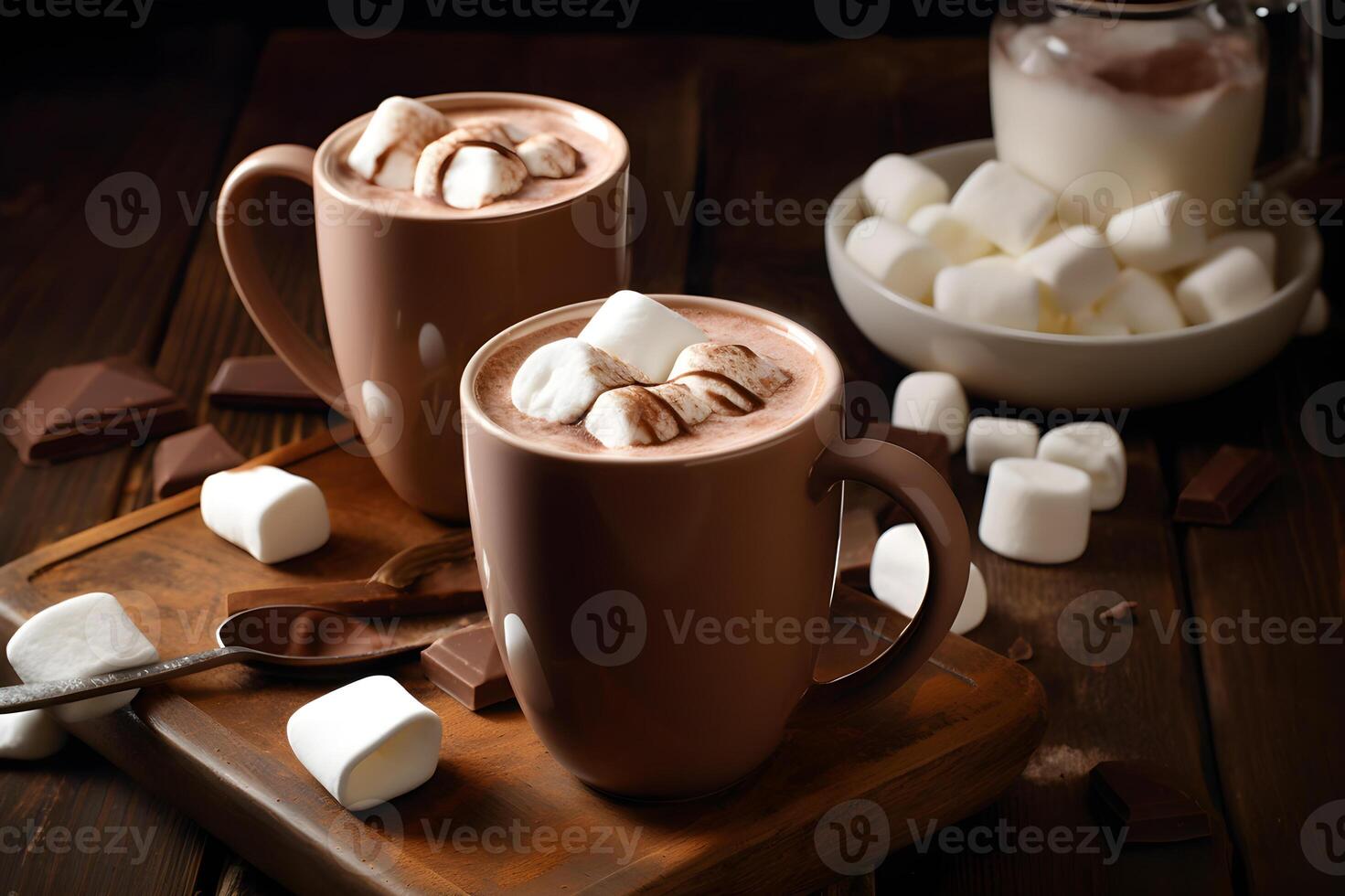 Cocoa and milk decorated with chocolate bars. . photo