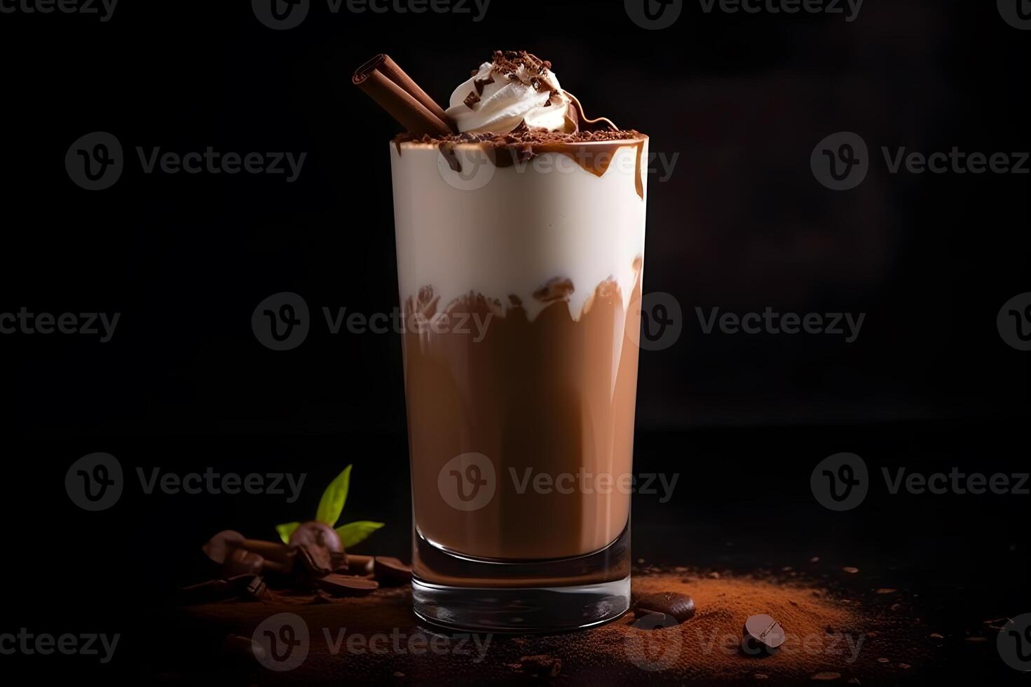 Cocoa and milk decorated with chocolate bars. . photo
