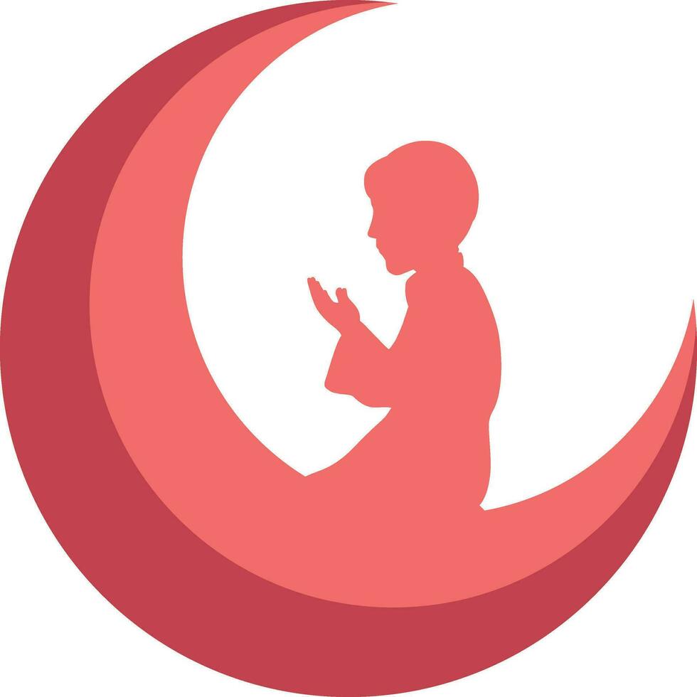 3D crescent moon with praying muslim boy. vector